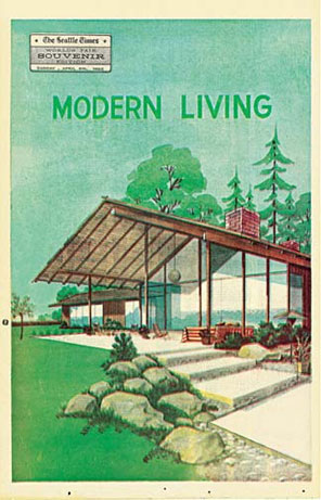 The cover of the "Modern Living" section in the 1962 World's Fair souvenir edition featured this modern classic -- a spacious house with walls of windows. 