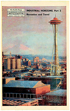 This photo of a city on the rise features a number of notable structures and sights, including the Space Needle, Memorial Stadium, the Monorail, Smith Tower, a freeway-free Beacon Hill and looming in the distance, Mount Rainier. 