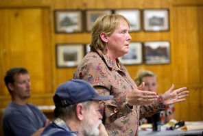 Shari Brewer voices her concerns at a Highway 530 Landslide Commission meeting held at the Darrington Community Center on Thursday. “Where was the help?” she asked. 